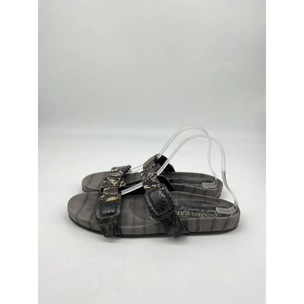 Pedro Garcia 'Arielle' Brown Leather Buckle Snake & Croc Embossed Buckle Slide - Picture 3 of 5